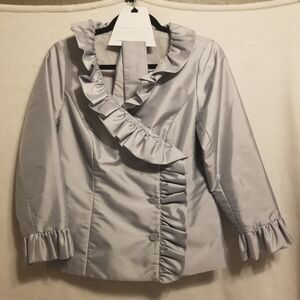 Calvin Klein S Blazer Jacket Gray Silver Ruffle Belt Career Formal Office Preppy